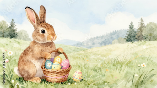 Fluffy rabbit holds wicker basket of colorful Easter eggs in sunlit meadow with wildflower and rolling hill landscape evoking joyful spring celebration