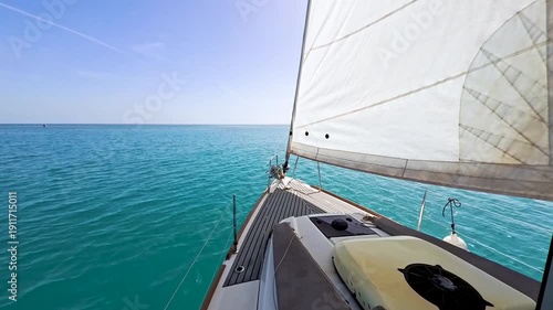 Wallpaper Mural Landscape view from bow of luxury sailing boat yacht with detail of main mast and rigging showing blue ocean background Torontodigital.ca