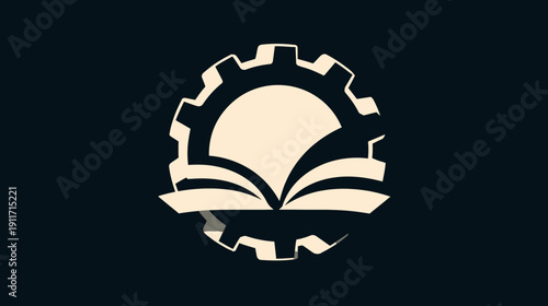 A stylized symbol features an open book inside a gear against a dark background