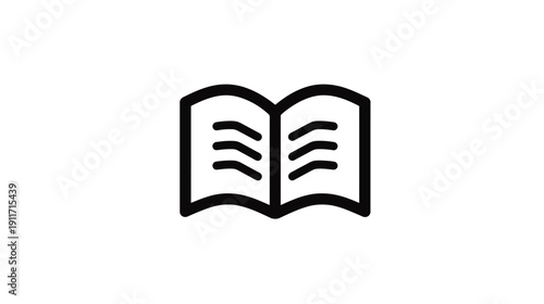 A black and white graphic icon depicts an open book with lines representing text on pages