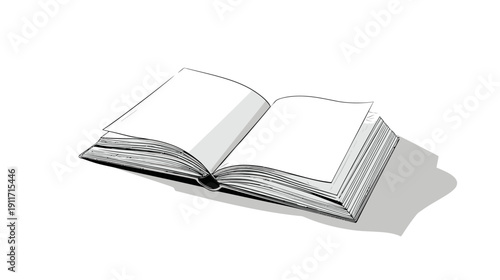 A grayscale, open book, casting a shadow. Blank pages await the words to be written