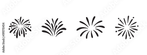 Firework doodles and festive hand drawn firecrackers set. Minimal sketch style celebration icons with stars, sparkles, explosive bursts. For birthday, carnival, holiday events. Vector illustration