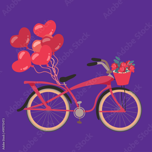 Valentine's Day, Vector, Bicycle, Heart Balloons, Red Roses, Flower Basket