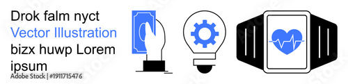Business technology, innovation, smart devices, finance, health monitoring, creative solutions. A hand touching a screen, a gear in a lightbulb and a smartwatch heart icon. Innovation and smart