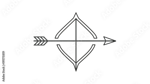 Black and white illustration of a bow and arrow, depicted as a simple, symmetrical emblem