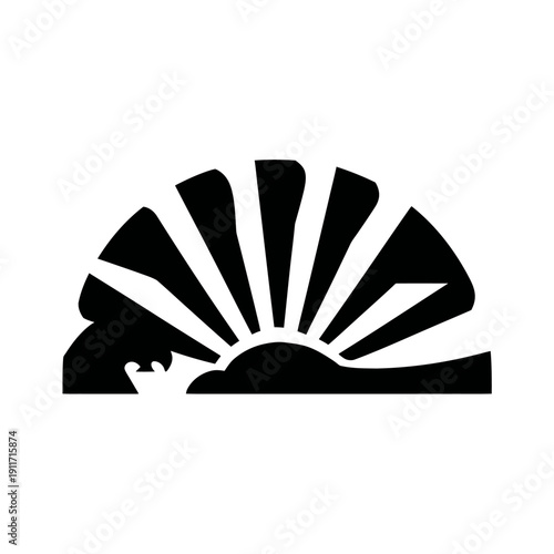 A stylized monochrome illustration depicts a rising sun above a stylized wave
