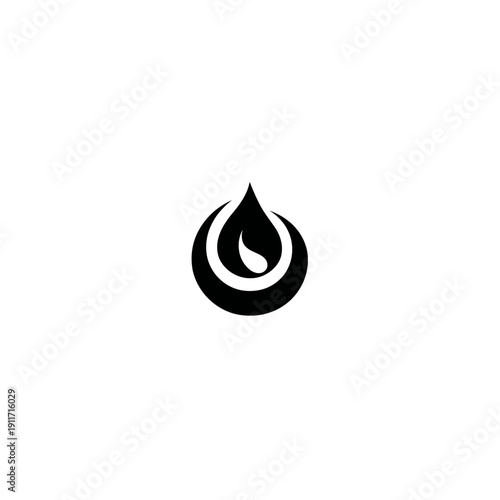 A stylized black logo featuring a droplet enclosed within a circular element and an inner leaf