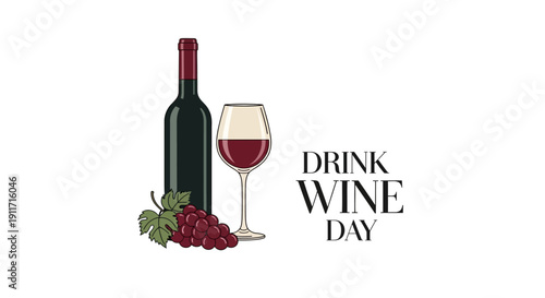 Illustration of a wine bottle, glass, and grapes celebrating Drink Wine Day with a simple, iconic design on a white background.