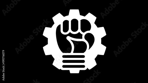 A white fist inside a gear on a black background. Represents strength and unity