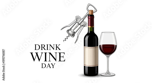 Vector illustration of a wine bottle, glass, and corkscrew on a white background celebrating Drink Wine Day with a red wine bottle and glass