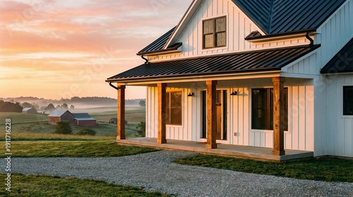 Modern farmhouse exterior, white board and batten siding