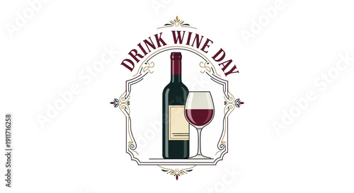 Illustration of a wine bottle and glass surrounded by decorative elements celebrating Drink Wine Day in a vector icon style with red and gold colors.
