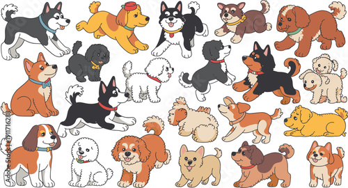 Collection of Cute Cartoon Dog Characters and Puppy Icons in Various Breeds and Poses for Children's Stickers, Pet Shop Branding, and Nursery Decor