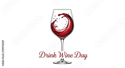 Illustration of a wine glass with red wine and 'Drink Wine Day' text on a white background, vector icon design for wine appreciation.