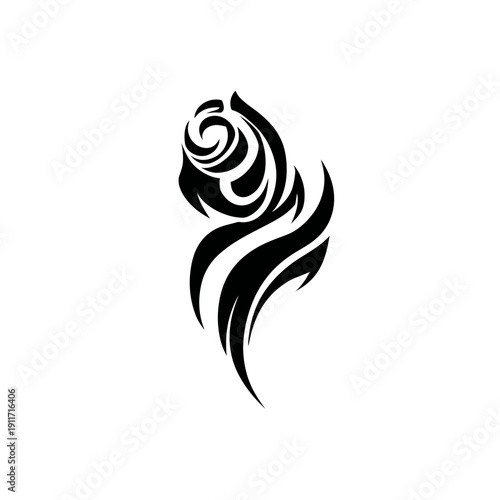 A stylized black floral design featuring swirling lines and curves on a pure white background