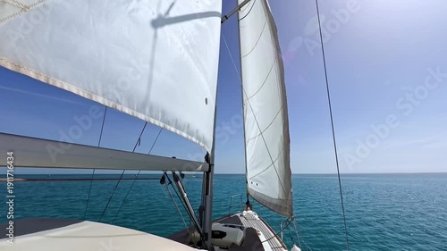 Wallpaper Mural Landscape view from bow of luxury sailing boat yacht with detail of main mast and rigging showing blue ocean background Torontodigital.ca