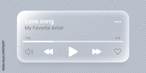 Music player eith liquid glass interface on transparent bg. Audio player widget mockup with play button, sound and favorite icon. 3D glass music app push with progress bar and realistic shadow.