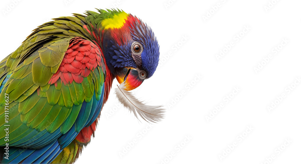 Obraz premium Parrot Preening with Falling Feather Isolated on White Background