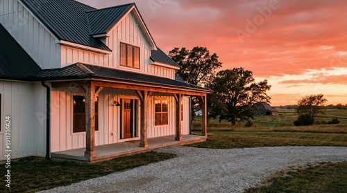 Modern farmhouse exterior, white board and batten siding
