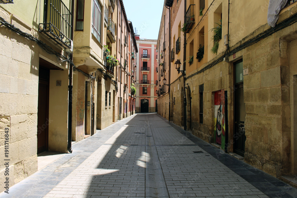Fototapeta premium Entering Logrono with historic old town buildings on Camino de Santiago Frances in La Rioja Spain July 2024