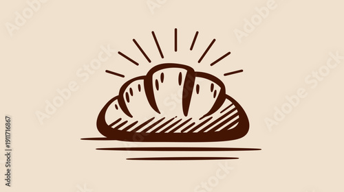 Illustration of freshly baked bread. Dark brown drawing of loaf with radiating lines on beige background