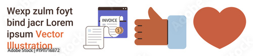 Business communication, financial transactions, digital invoicing, file management, social media, and appreciation concepts. Icons thumbs up invoice, thumbs up and heart. Business communication