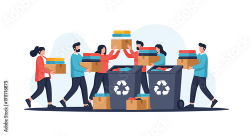 Diverse group of volunteers actively recycling old clothes and household items into bins for sustainable environmental protection.