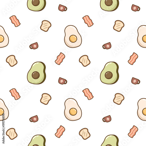 Avocado and fried egg cartoon so cute. On bacon bread mug white background. Pattern seamless vector illustration. 