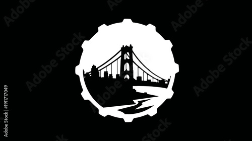 Black and white illustration with a suspension bridge silhouette surrounded by a gear shape