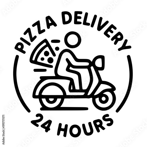 Pizza delivery rider on scooter with slice of pizza 24/7 service