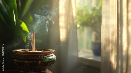 burner. Incense smoke rising from a traditional burner in a serene room. event programs, museum guides, designed for cultural heritage projects and event programs, used by it administrators.