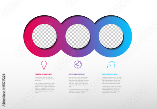 This infographic template features three vibrant gradient circle photo placeholders for a clear infographic layout. Use this professional infographic for presentations and data visualization needs.
