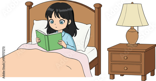 Cute cartoon girl reading a book in bed at night, cozy bedroom scene with lamp, bedtime illustration for children story