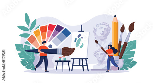 Creative artists working in an art studio with paints, brushes, canvas, and classical sculptures for artistic expression.