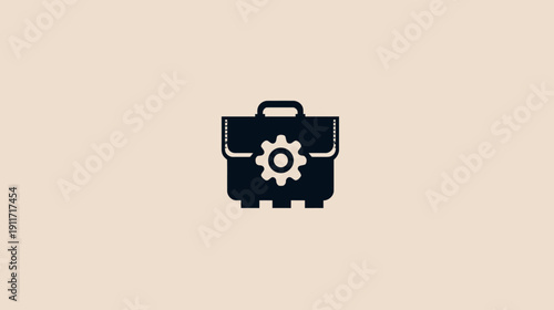 A dark gray briefcase icon with a gear in the center set against a light beige background