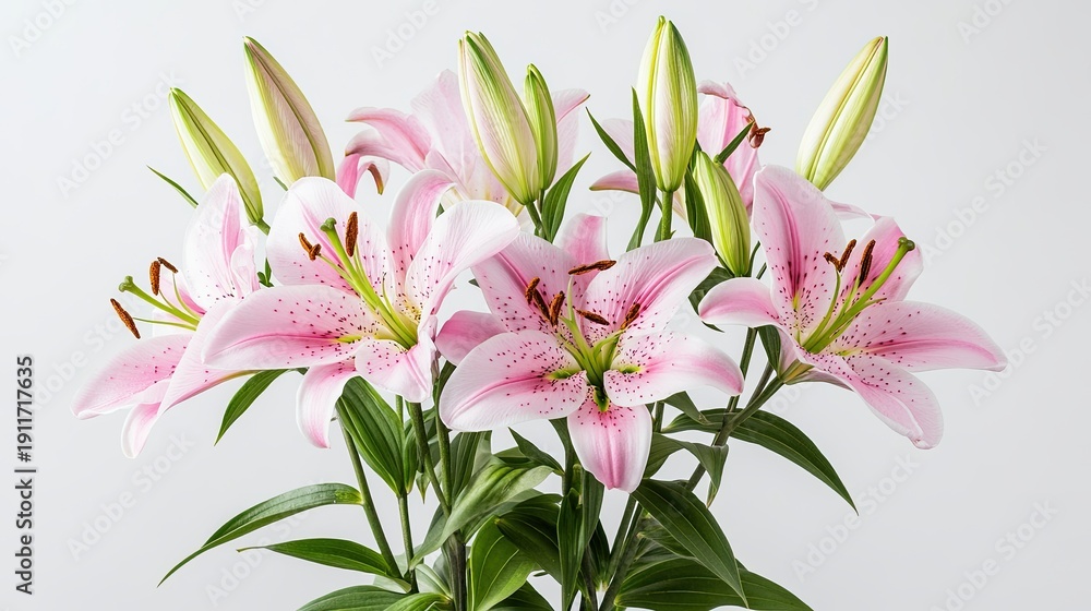 Obraz premium Fresh bouquet of pink lilies isolated on white background.