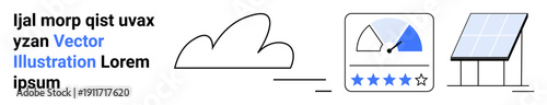 Renewable energy, cloud technology, performance metrics, solar power, energy efficiency, sustainability. A cloud, solar panel and dashboard with rating and gauge. Renewable energy and cloud