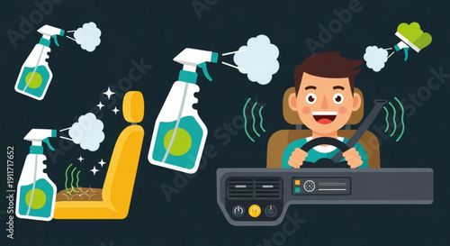 Man driving car surrounded by cleaning products and sprays for vehicle interior detailing and hygiene maintenance