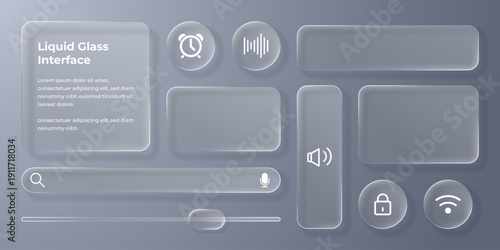 3D Liquid glass smartphone interface isolated. UI UX light frame rounded square and circle elements with a glow stroke. Collection design widget for smartphone and web app.