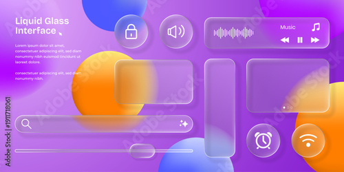 3D Liquid glass smartphone interface isolated. UI UX light frame rounded square and circle elements with a glow stroke. set of widget and UI elements for smartphone or web app.