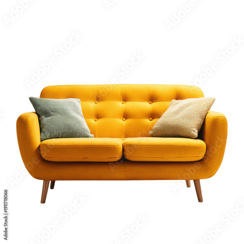 Bright Mustard Yellow Two Seater Sofa With Tufted Backrest And Wooden Legs On Dark Background couch