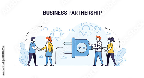 Business team collaborating to connect a giant electrical plug and socket representing a successful business partnership concept.