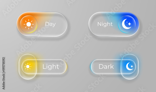 Set of day and night mode toggle. 3D liquid glass button set. Light and dark mode switch buttons for UI design