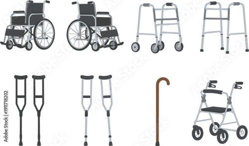Mobility Aid Equipment Set with Wheelchair Walker Crutches Cane and Rollator Vector Illustration Collection