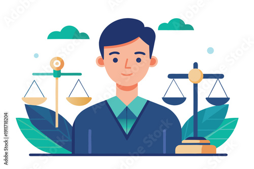 Smiling businessman with balanced scales representing fairness and justice
