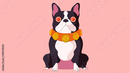 A sitting cartoon dog with a white face, dark body, and orange collar, looking forward on a pink backdrop