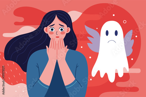 Woman shocked by ghostly apparition in vibrant red background