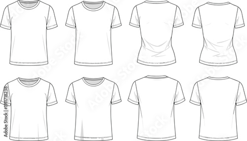 Technical flat sketch of a men's and women's short sleeve crew neck t-shirt collection, basic apparel fashion design vector template