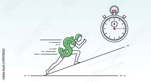 Dollar sign character running up slope with stopwatch nearby in simple line art style