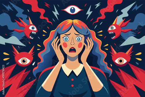 Woman experiencing anxiety with demonic eyes surrounding her
